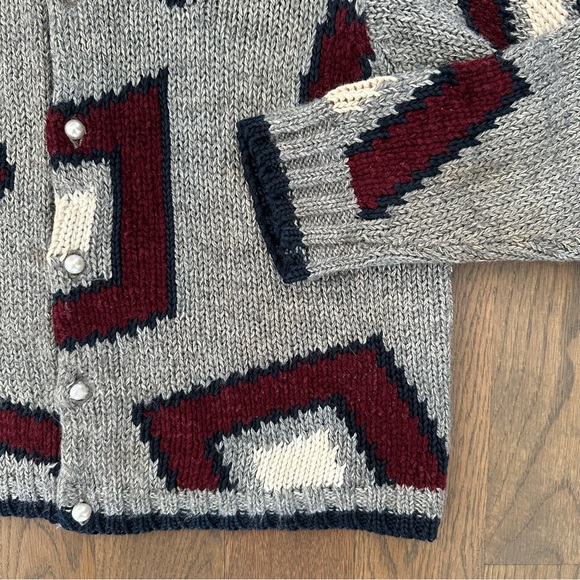 Vintage Geometric Crew Neck Cardigan Sweater Grey, Navy, Red, Cream Petite Small - Picture 6 of 8